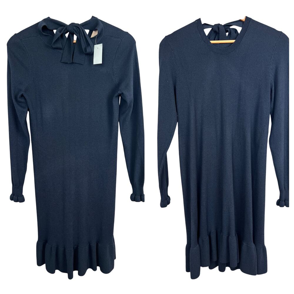 NWT LOFT Womens XSP Navy Wool Tie Neck Sweater Dress‎ Coquette Preppy Holiday
